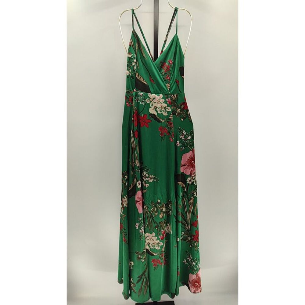 Lulu's Emerald Green Floral Surplice Maxi Dress with Pink & Red Blooms